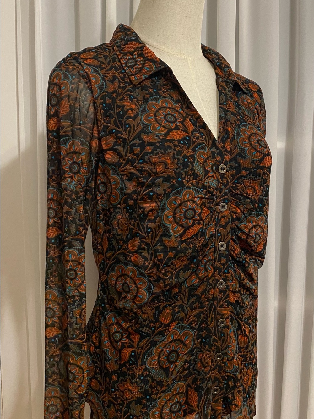 Floral Button-Front Sheer Blouse in Black with Rust & Teal